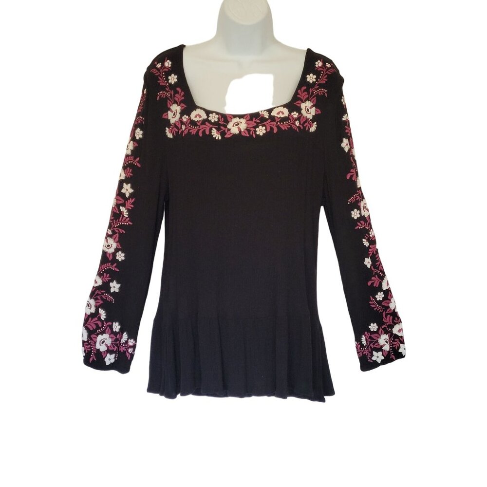 Women’s Blouse Jr 2X Square Neck Black Embroidered Rayon Y2K Whimsigoth‎ Bella